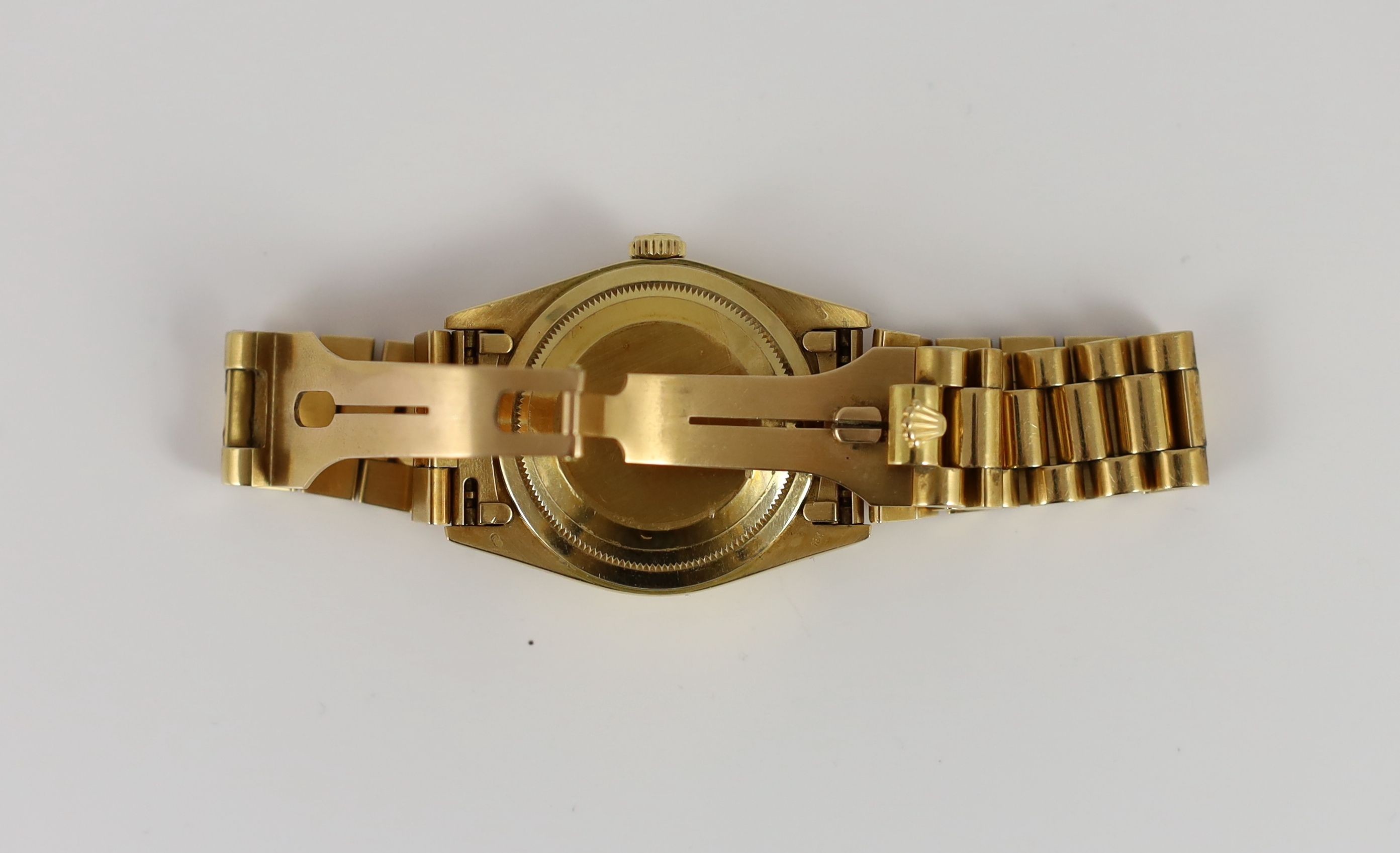 A gentleman's late 20th century 18ct gold Rolex Oyster Perpetual Day Date wrist watch, on an 18ct gold Rolex bracelet with deployment clasp